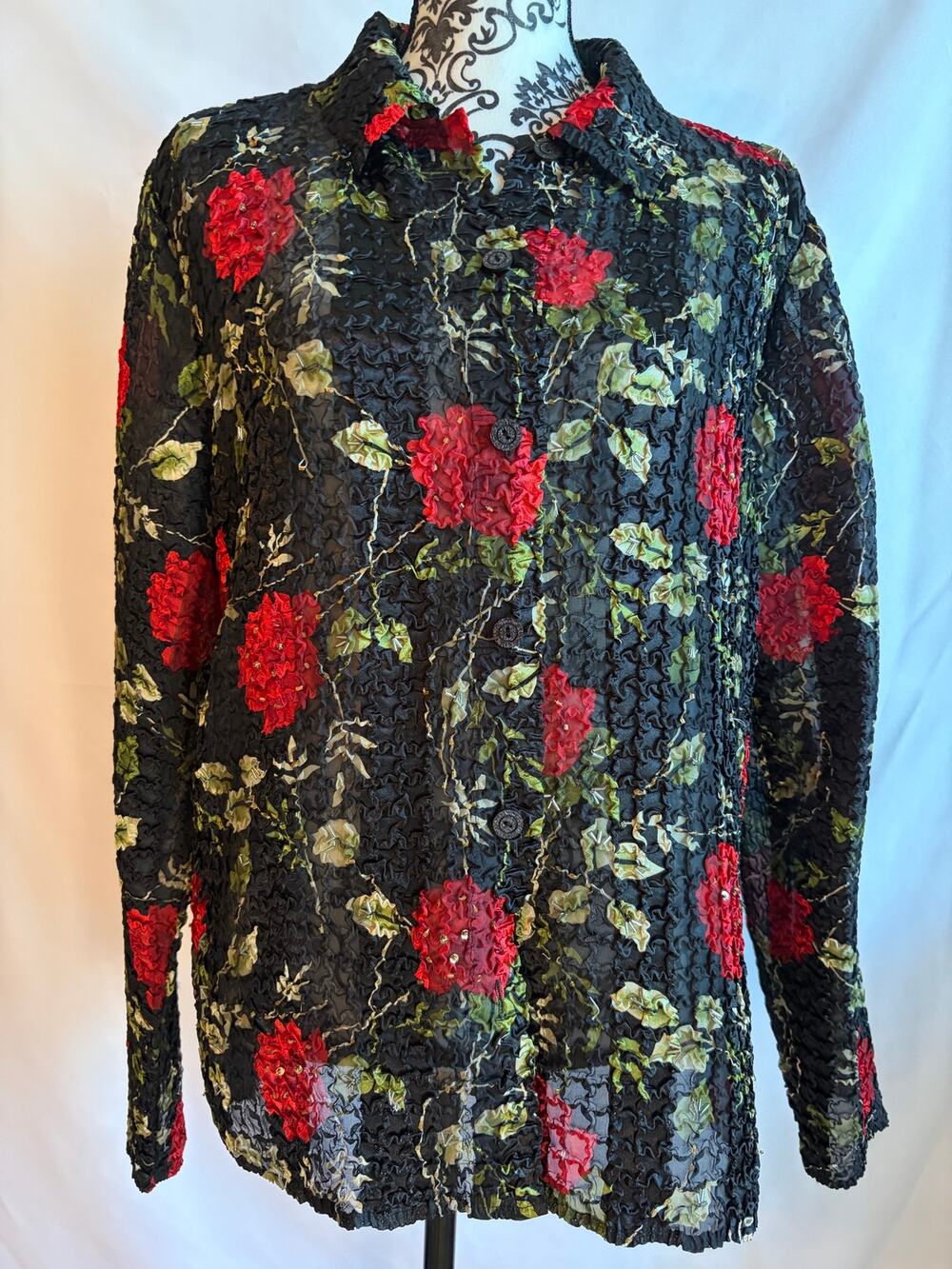 Coldwater Creek Floral Textured Button Front Jacket Large Black Red